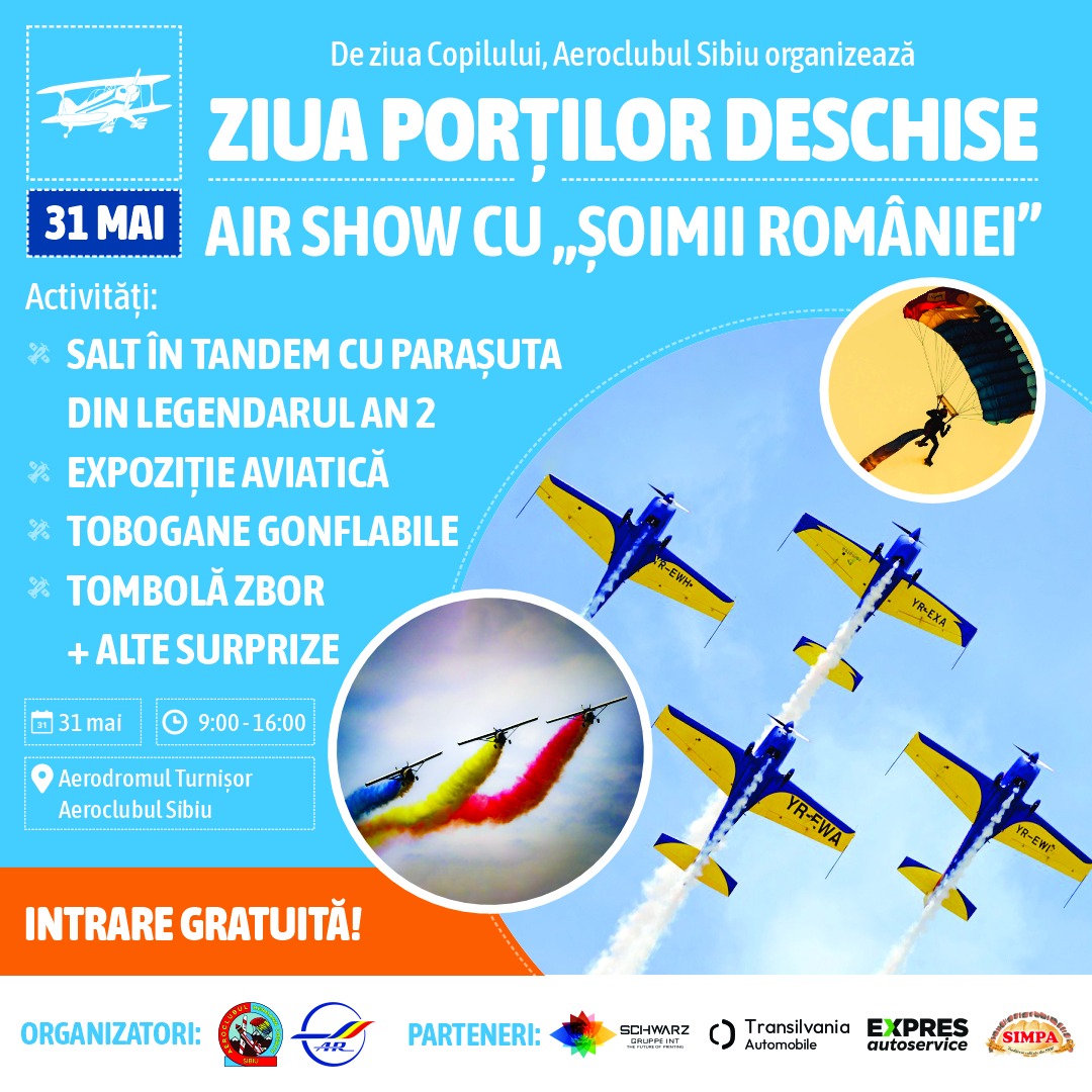 Primul Air Show la Sibiu după 29 de ani. Aeroclubul Sibiu organizează de Ziua Copilului demonstrații aeriene, salturi cu parașuta și expoziții de avioane