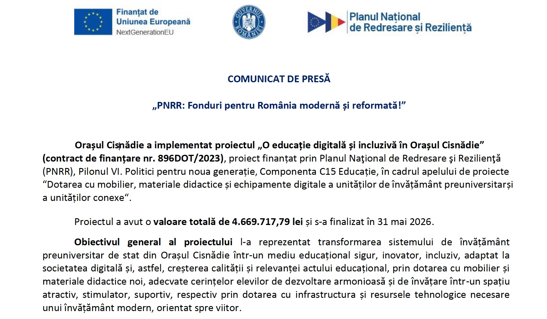 COMUNICAT DE PRESĂ – „PNRR: Fonduri pentru România modernă și reformată!”