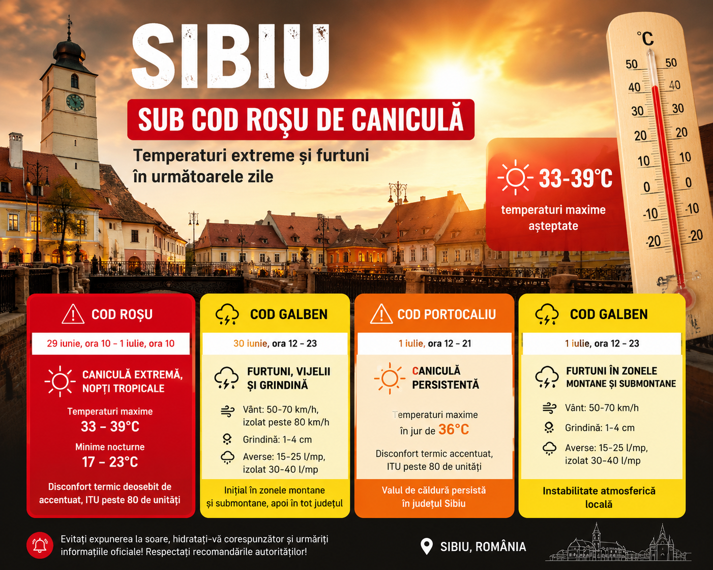 Cod roșu de caniculă în Sibiu: temperaturi de până la 39 de grade și furtuni anunțate în următoarele zile