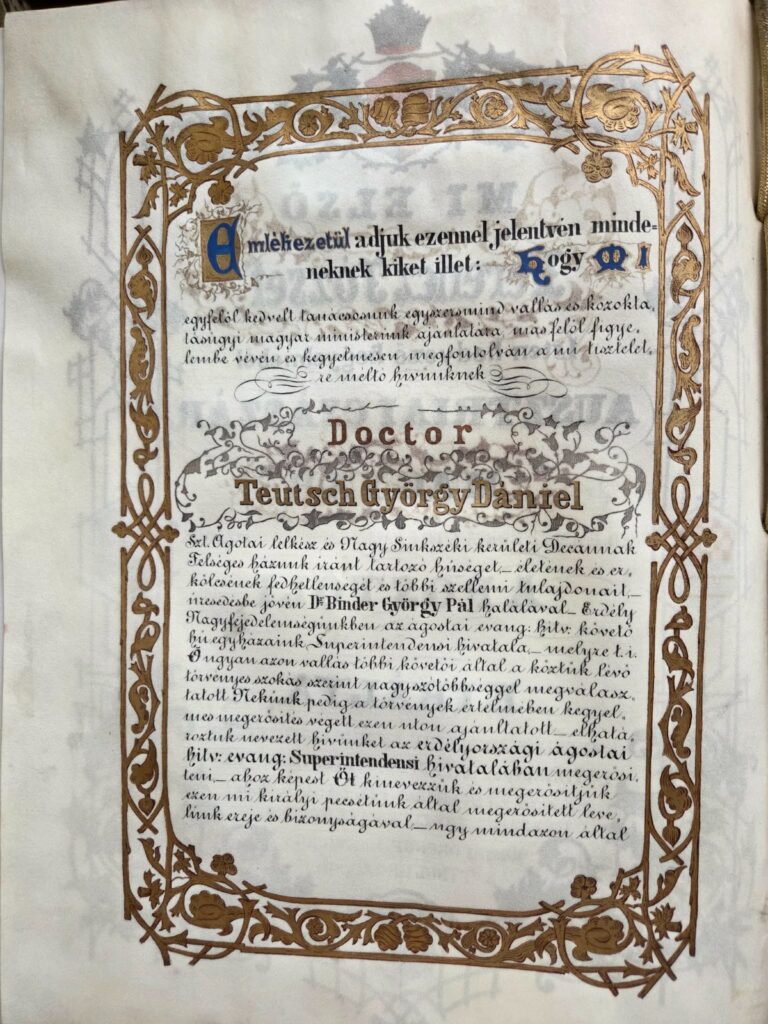 Documentul imperial care atrestă alegerea lui Georg Daniel Teutsch ca episcop al Bisericii Evanghelice de Confesiune Augustană din Transilvania, confirmat de împăratul Franz Josef la începutul anului 1868.