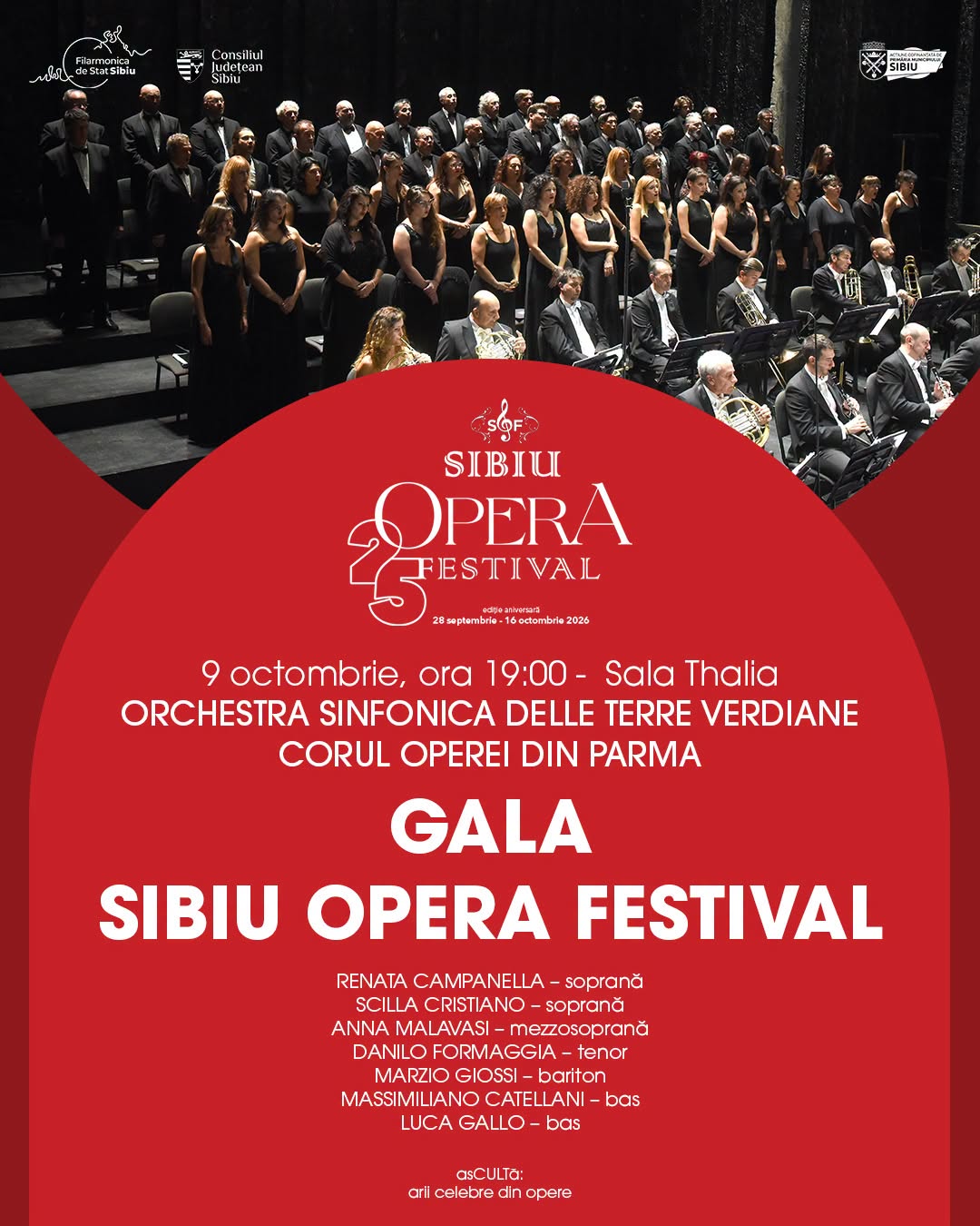 Gala Sibiu Opera Festival, pe 9 octombrie la Sala Thalia. Arii din Verdi, Puccini, Rossini și Bizet