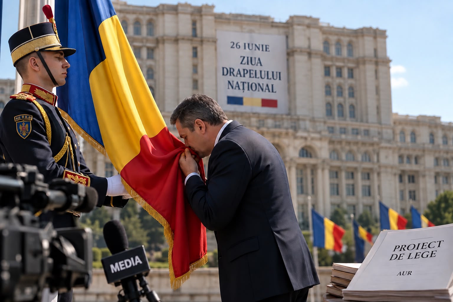 Proiect în Parlament: amenzi pentru oficialii care refuză să sărute drapelul. Câte o Piață a Tricolorului în fiecare municipiu