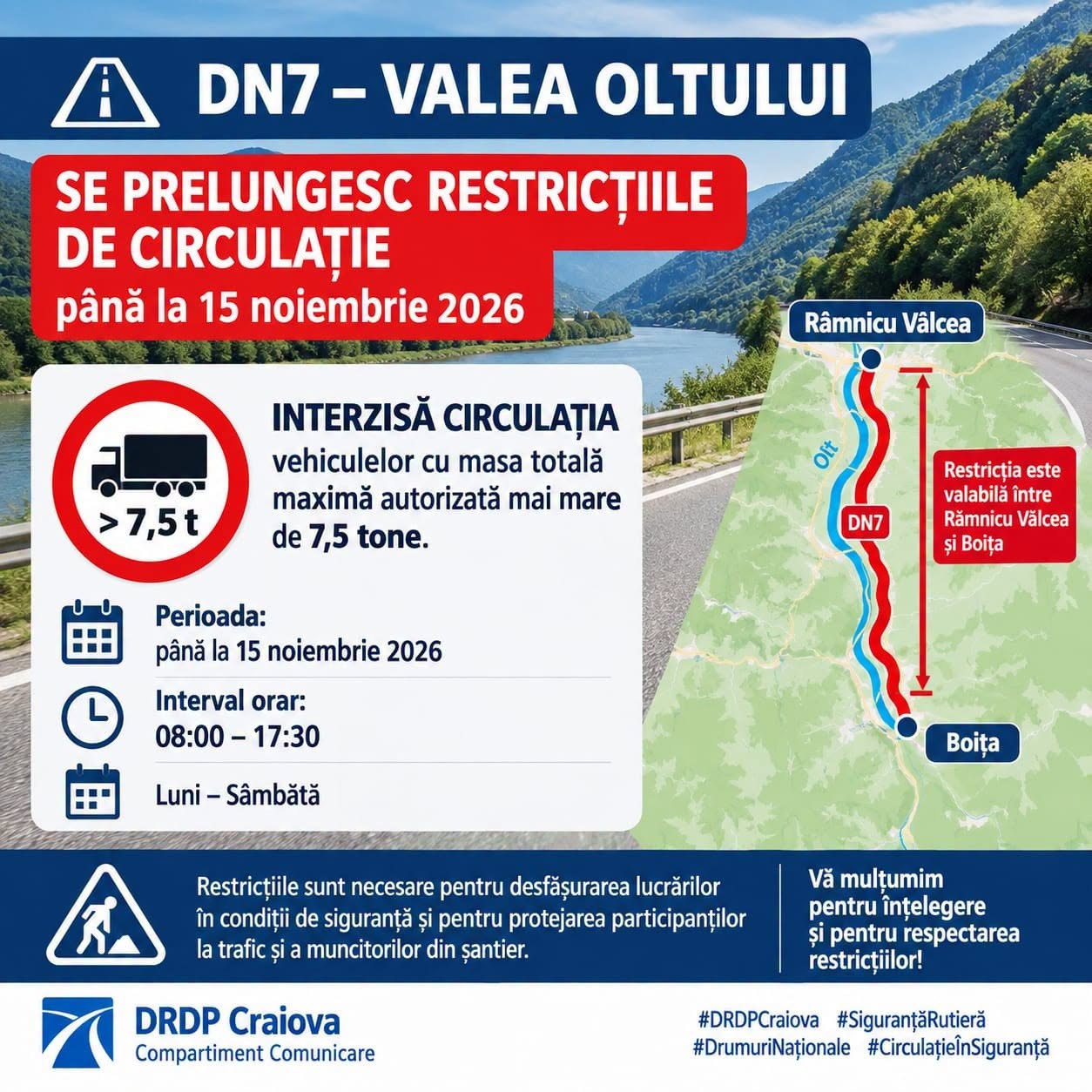 Restricțiile de circulație pe Valea Oltului, prelungite până la 15 noiembrie
