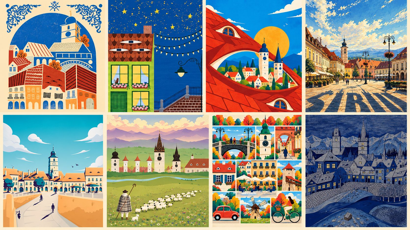 Sibiul, reinterpretat în 21 de postere de călătorie. Expoziția finaliștilor „Hugo d’Alési” se deschide pe 1 noiembrie