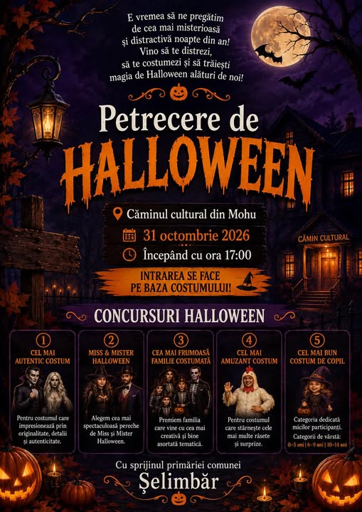 MOHU: Petrecere de Halloween la Căminul Cultural. Concursuri de costume pentru copii și adulți